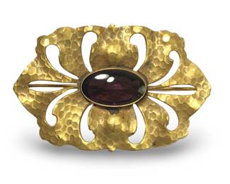 Gorgeous Art Nouveau Brass Leaf Gemstone Brooch
