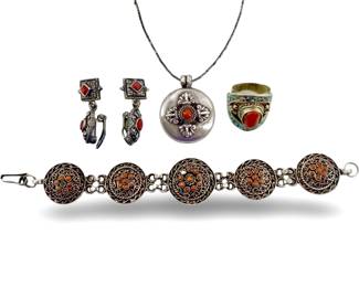 5pc Silver and Coral Jewelry Collection