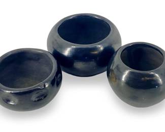 3pc Antique San Ildefonso Black Ceramic Bowls