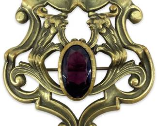 Art Nouveau Faux Amethyst Inlaid Brass Brooch