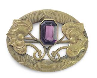Victorian Art Nouveau Brass Gemstone Brooch