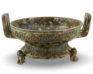 Old Chinese Bronze Engraved Footed Dish