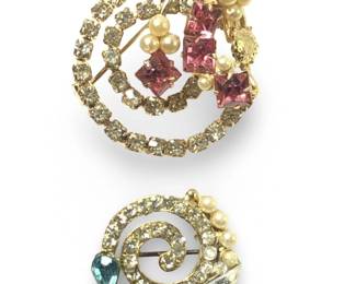 (2) Radiant Gold Tone Multi Gemstone Brooches