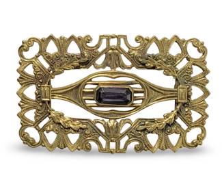 Ornate Art Nouveau Brass Gemstone Brooch
