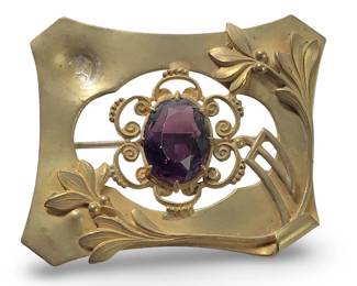 Stunning Art Nouveau Brass Gemstone Brooch