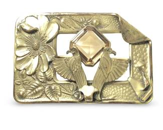 Art Nouveau Brass Birds Gemstone Brooch