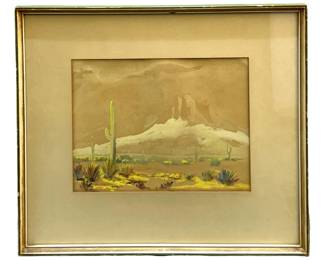 Signed Stylized Watercolor Desert Scene