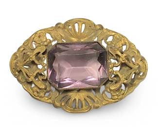 Vintage Art Nouveau Brass Gemstone Brooch