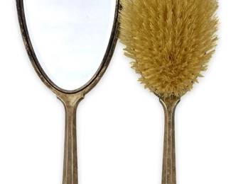 Silver Guilloche Enamel Hand Mirror and Brush