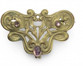 Excellent Art Nouveau Brass Gemstone Brooch