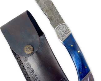 Genuine Damascus Steel Blue Handle Pocket Knife