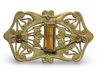 Fabulous Art Nouveau Brass Gemstone Brooch