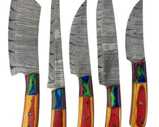 5pc Damascus Steel Wooden Handle Kitchen Knives