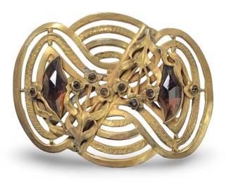 Unique Art Nouveau Brass Gemstone Brooch