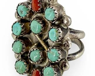 Turquoise and Coral inlaid Silver Ring