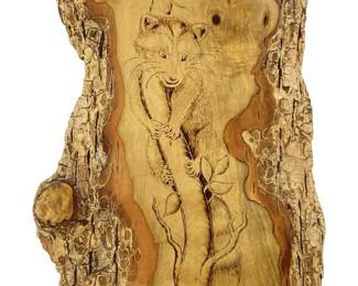 Signed Kris Fisher Wood Burned Raccoon Art