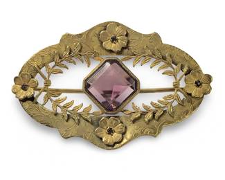 Art Nouveau Floral Brass Gemstone Brooch