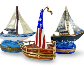 3pc Signed Peint Main Limoges Porcelain Sailboats