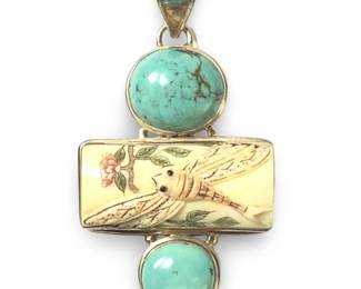 Sterling Silver Bone Dragonfly Turquoise Pendant