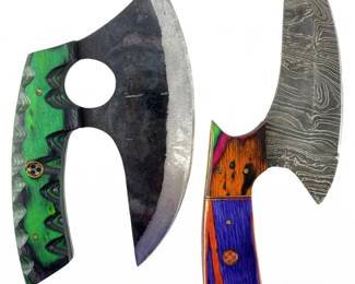 2pc Genuine Damascus Ulu Knives and Sheaths