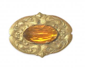 Lovely Art Nouveau Brass Gemstone Brooch