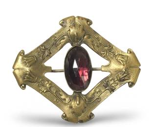 Antique Art Deco Brass Gemstone Brooch