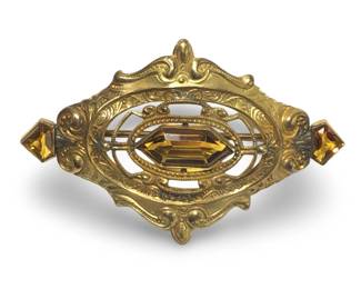 Retro Art Deco Brass Gemstone Brooch