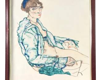 Signed Egon Schiele Semi Nude Seated Women