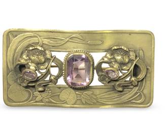 Great Art Nouveau Brass Purple Gemstone Brooch