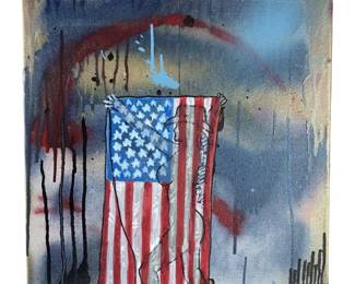 Signed Rotten Russ Nude USA Flag Oil On Canvas