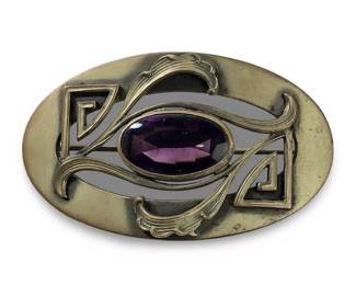 Antique Art Nouveau Brass Gemstone Brooch