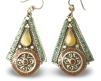 Pair Tibetan Silver Turquoise Coral Earrings