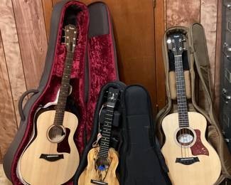 Great collection of guitars: Taylor GS Mini Bass, GT Urban Ash guitar & Romero Creations Grand Tenor Ukulele