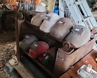 Welding Helmets, Metal Bench on Casters