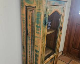 Stand alone glass and wood cabinet. 16”w x 11”d x 48”t