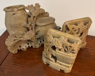 Chinese Soapstone Carved Vase and Bookends