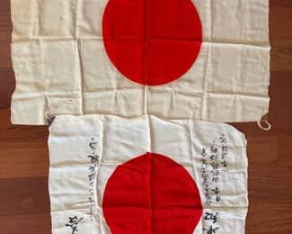 2 Japanese WWII Flags  includes "Good Luck" signed flag for soldiers