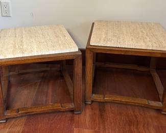 Pair of Travertine Top Asian Side Tables