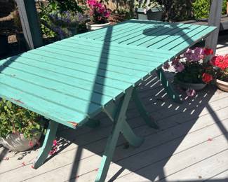 Green Painted Wood Slatted Outdoor Tables