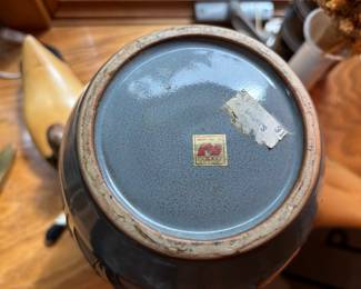 Napco Blue & Cream Vase with Leaf Design