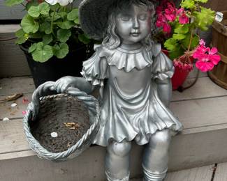 Little Girl Sitting Outdoor Statue, Potted Geraniums
