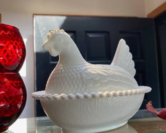 Milk Glass Hen on Nest Candy Dish