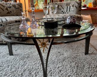 Round Glass Top Chrome Coffee Table with Sunburst Medallion Detail