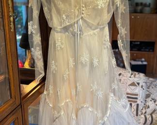 Circa 1950s -1960s Strapless Ivory Tulle Skirt Wedding Gown with Embroidered Details and Jacket