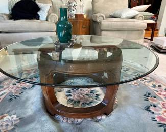 Thomasville Walnut Round Glass Top Coffee Table