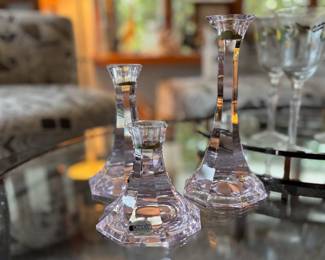 3 Matching Oneida Pink Lead Crystal Taper Candlestick Holders