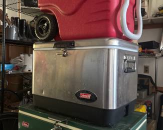 Coleman Red Wheeled Cooler, Coleman Stainless Steel Belted Cooler, Mid Century Coleman Green & White Metal Cooler