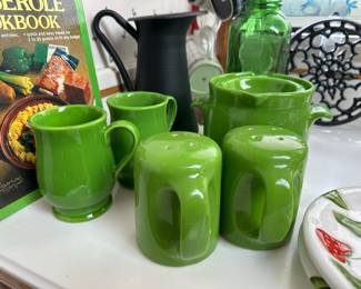 Green Ceramic Fitz and Floyd – Pair of Coffee Mugs, Tea Kettle, Salt & Pepper Shakers