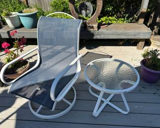 Blue & White Swivel Rocking Patio Chair, Outdoor White Round Side Table with Glass Top
