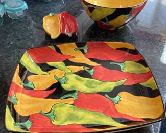 Clay Art Chili Themed Serving Plate, Condiment Dish, and Bowl